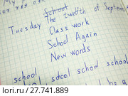 Squared notebook with children class work, handwritten text. Стоковое фото, фотограф Кекяляйнен Андрей / Фотобанк Лори