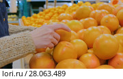 Woman buying fresh grapefruits at grocery store. Стоковое видео, видеограф Aleksey Popov / Фотобанк Лори