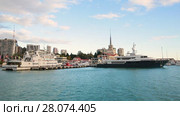 Panoramic view of Sochi sea port, sunset, calm sea (2017 год). Стоковое видео, видеограф Ирина Мойсеева / Фотобанк Лори