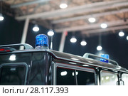 Blue blinker on black car of cortege on auto exhibition, shallow dof. Стоковое фото, фотограф Losevsky Pavel / Фотобанк Лори