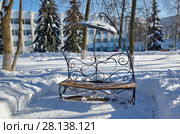Декоративная скамейка в зимнем парке (2018 год). Стоковое фото, фотограф Елена Коромыслова / Фотобанк Лори