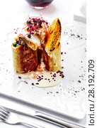 Crepes with prawns and cream cheese sauce. Стоковое фото, фотограф Alexander Tihonovs / Фотобанк Лори