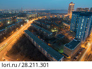 Residential area Shchukino and Strogino bay at night in Moscow, Russia (2016 год). Стоковое фото, фотограф Losevsky Pavel / Фотобанк Лори