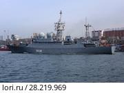 Средний разведывательный корабль проекта 864 ССВ-208 «Курилы» в бухте Золотой Рог весной. Город Владивосток (2018 год). Редакционное фото, фотограф Алексей Гусев / Фотобанк Лори