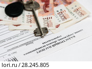Бумажные деньги, связка ключей и кадастровый паспорт здания, сооружения, объекта незавершённого строительства. Стоковое фото, фотограф Игорь Низов / Фотобанк Лори