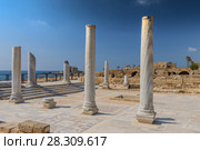Roman old marbe column square in Caesarea Archaeological site, Israel. Стоковое фото, агентство BE&W Photo / Фотобанк Лори