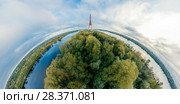 TV tower Sphere Planet. Bridge and houses in Riga city, Latvia 360 VR Drone picture for Virtual reality, Panorama. Стоковое фото, фотограф Aleksejs Bergmanis / Фотобанк Лори