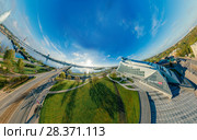 Sphere Planet. Bridge and Library in Riga city, Latvia 360 VR Drone picture for Virtual reality, Panorama. Стоковое фото, фотограф Aleksejs Bergmanis / Фотобанк Лори
