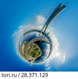 Sphere Planet. Bridge and houses in Riga city, Latvia 360 VR Drone picture for Virtual reality, Panorama. Стоковое фото, фотограф Aleksejs Bergmanis / Фотобанк Лори