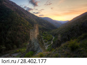 Ингушетия. Вовнушки. Сторожевые башни на закате (2018 год). Редакционное фото, фотограф Литвяк Игорь / Фотобанк Лори