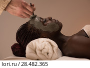 Beautiful african woman having clay facial mask applying by beautician. Стоковое фото, агентство Ingram Publishing / Фотобанк Лори