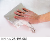 Plastering man hand with plaste and plaster spatula trowel in wall. Стоковое фото, фотограф Tono Balaguer / Ingram Publishing / Фотобанк Лори