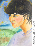 Portrait of a beautiful girl with black hair.  Drawing with crayons on paper. Стоковая иллюстрация, иллюстратор Олег Хархан / Фотобанк Лори