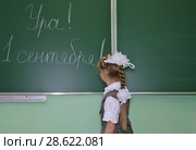 Первоклассница стоит у школьной доски с надписью "Ура! 1 сентября!" Стоковое фото, фотограф Илюхина Наталья / Фотобанк Лори