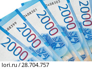 Новые купюры номиналом 2000 рублей крупным планом на белом фоне. Стоковое фото, фотограф Елена Коромыслова / Фотобанк Лори