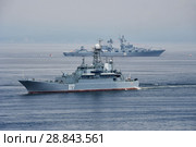 Владивосток, день ВМФ, парад кораблей.  БДК-11 «Пересвет» большой десантный корабль проекта 775М. Бортовой номер 077 и РКР «Варяг» гвардейский ракетный крейсер проекта 11641. Бортовой 011 (2018 год). Редакционное фото, фотограф Овчинникова Ирина / Фотобанк Лори