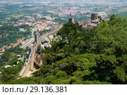 View of Castle of the Moors on the top of the mountain over the Sintra town. Sintra. Portugal (2016 год). Редакционное фото, фотограф Сергей Пристяжнюк (Serg Zastavkin) / Фотобанк Лори