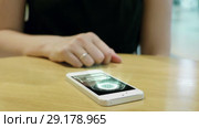 Young girl press on futuristic user interface concept phone. Graphical User Interface - GUI. Head up Display - HUD. Internet of things. (2018 год). Редакционное видео, видеограф Dzmitry Astapkovich / Фотобанк Лори