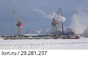 Вид на портовые краны и дымящий целлюлозно-бумажный комбинат "Sunila" морозным февральским днем. Котка, Финляндия (2018 год). Редакционное видео, видеограф Виктор Карасев / Фотобанк Лори