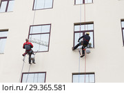 MOSCOW, RUSSIA - April 17, 2018: Work of industrial climbers. Washing windows by climbers. Редакционное фото, фотограф Николай Чутчиков / Фотобанк Лори