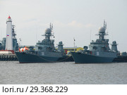 Два малых противолодочных корабля в кронштадтской гавани. Санкт-Петербург, Россия (2018 год). Редакционное фото, фотограф Виктор Карасев / Фотобанк Лори
