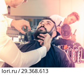 Male hairdresser accurately cutting beard of client. Стоковое фото, фотограф Яков Филимонов / Фотобанк Лори