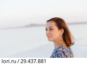happy smiling girl in white hat enjoying sun, expanse of Bascunchak salt lake. Стоковое фото, фотограф Ирина Мойсеева / Фотобанк Лори