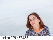 happy smiling girl in white hat enjoying sun, expanse of Bascunchak salt lake. Стоковое фото, фотограф Ирина Мойсеева / Фотобанк Лори