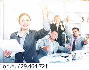 Happy team with businesswoman celebrating victory. Стоковое фото, фотограф Яков Филимонов / Фотобанк Лори