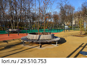 Круглая лавочка для отдыха на площадке для воркаута в олимпийском комплексе «Лужники». Район Хамовники. Москва. Россия (2018 год). Редакционное фото, фотограф lana1501 / Фотобанк Лори