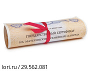 Государственный сертификат российской федерации - материнский семейный капитал, свернутый в свиток с красной лентой. Стоковое фото, фотограф Элина Гаревская / Фотобанк Лори