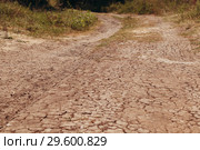 The dry road in cracks in rural areas with droughty climate. Стоковое фото, фотограф Владимир Арсентьев / Фотобанк Лори