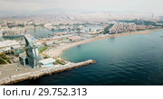 Panoramic view from drone of famous Barceloneta beach with hotel W Barcelona (2018 год). Стоковое видео, видеограф Яков Филимонов / Фотобанк Лори