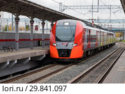Москва. Московское центральное кольцо (МЦК). Поезд "Ласточка" прибывает к платформе (2018 год). Редакционное фото, фотограф Литвяк Игорь / Фотобанк Лори