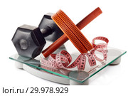 Sport equipments and scales. Стоковое фото, фотограф Мельников Дмитрий / Фотобанк Лори