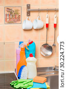 closeup of kitchen objects - stove, sink and cleaning products. Стоковое фото, фотограф Константин Лабунский / Фотобанк Лори