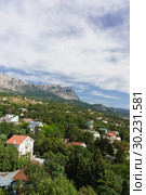 Красивый вид сверху на восточную окраину города Алупки и гору Ай-Петри. Ялта, Крым, Россия (2018 год). Стоковое фото, фотограф Наталья Гармашева / Фотобанк Лори