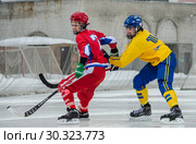 Март, 2019 - Архангельск. Финал чемпионата мира по хоккею с мячом среди подростков. Матч Россия-Швеция. Россия, Архангельск, стадион "Труд" Стоковое фото, фотограф Яковлев Сергей / Фотобанк Лори