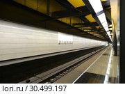 Shelepikha, station on Bolshaya Koltsevaya line of Moscow Metro. Train lights (2019 год). Редакционное фото, фотограф Валерия Попова / Фотобанк Лори