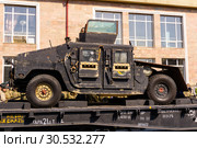Improvised armored car of terrorists on a railway flatcar (2019 год). Редакционное фото, фотограф Евгений Харитонов / Фотобанк Лори
