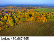 Село Русское Кубашево и река Большая Кокшага с высоты (2014 год). Стоковое фото, фотограф Евгений Горбунов / Фотобанк Лори
