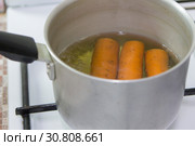 Кастрюля стоит на газовой плите с морковью внутри. Стоковое фото, фотограф Юлия Юриева / Фотобанк Лори