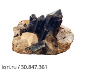 Conglomerate of morion, feldspar and mica crystals isolated on white background. Стоковое фото, фотограф Евгений Харитонов / Фотобанк Лори