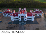 Отреставрированный старинный замок-дворец Пусловских крупным планом апрельским вечером (аэросъемка). Коссово, Белоруссия (2019 год). Стоковое фото, фотограф Виктор Карасев / Фотобанк Лори