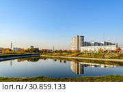 Пожарный пруд, пруд-отстойник на Привольной улице в Жулебино. Москва (2018 год). Стоковое фото, фотограф Владимир Устенко / Фотобанк Лори