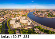 SAINT-PETERSBURG, RUSSIA - June 3, 2019: Beautiful aerial top view at new elite residential complex "Riverside" on the Ushakovskaya embankment on the banks of the Bolshaya Nevka river. View from drone. Стоковое фото, фотограф Алексей Ширманов / Фотобанк Лори