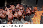Cooking shish kebab or shashlik on skewers. Стоковое видео, видеограф Ольга Сергеева / Фотобанк Лори