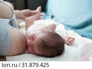 Breastfeeding, female giving a baby the breast, newborn infant lying on white bedsheet in sofa. Стоковое фото, фотограф Кекяляйнен Андрей / Фотобанк Лори