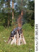 Горящий на поляне костёр. Birning campfire. Стоковое фото, фотограф Евгений Романов / Фотобанк Лори