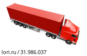 A large retro red truck with a sleeping part and an aerodynamic extension carries a trailer with a sea container. 3d rendering. Стоковая иллюстрация, иллюстратор Владимир Хапаев / Фотобанк Лори